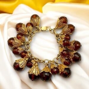 Rare Napier Vintage Faceted Faux Amber Acorn Charm Bracelet 8" EUC